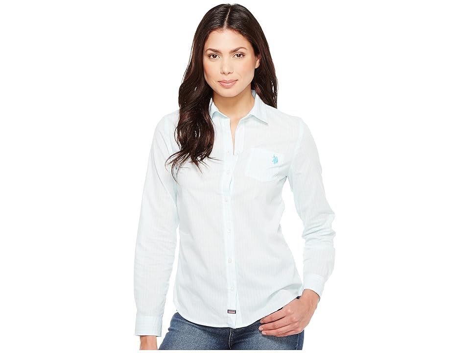 

U.S. POLO ASSN. Long Sleeve Striped Poplin Woven Shirt (Aqua Shore) Women's Clothing, White
