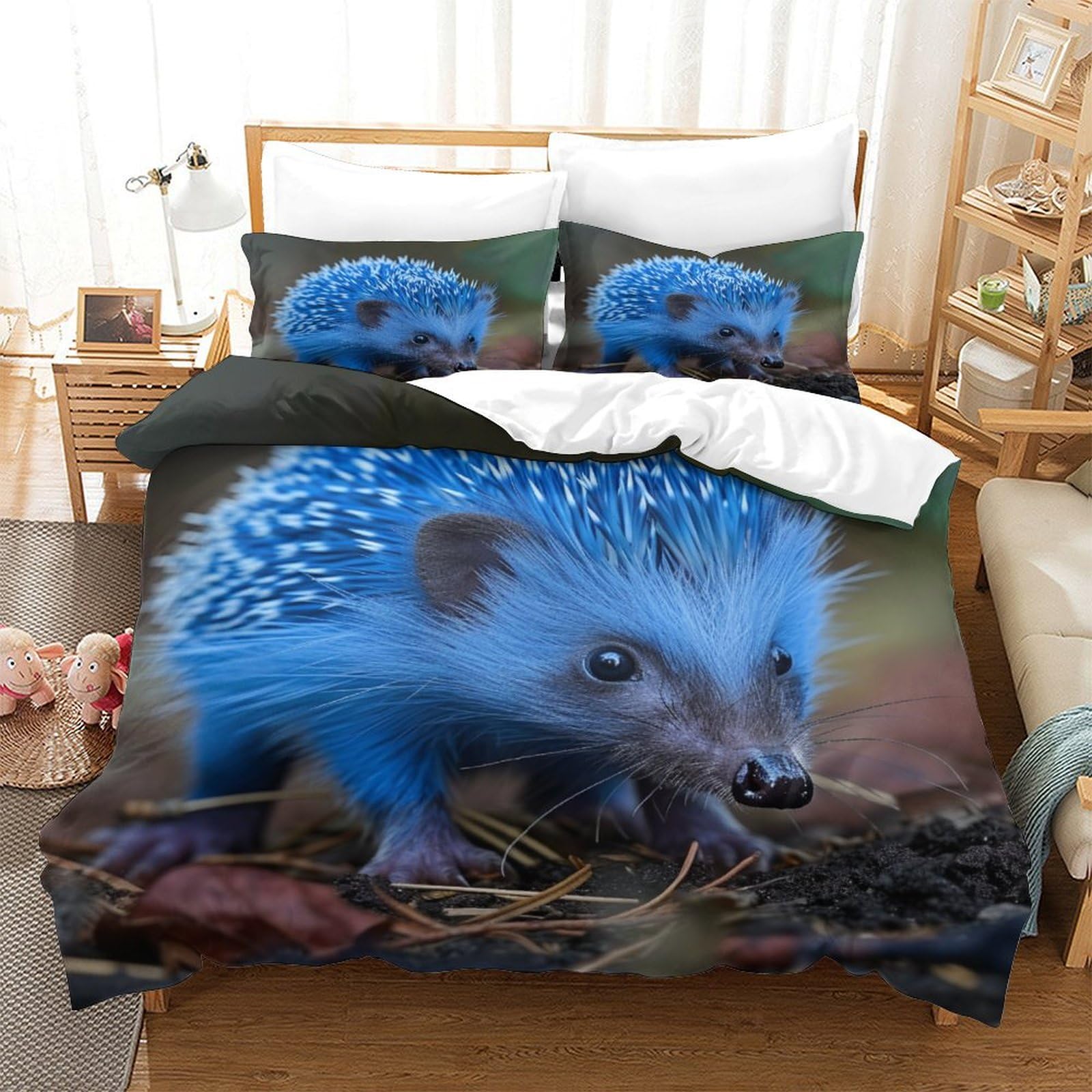 P1S9U7W5Y 3D Printed Blue Hedgehog Pattern 3pcs Duvet Cover Set Microfiber Animal Bedding Set Super king（260x220cm）