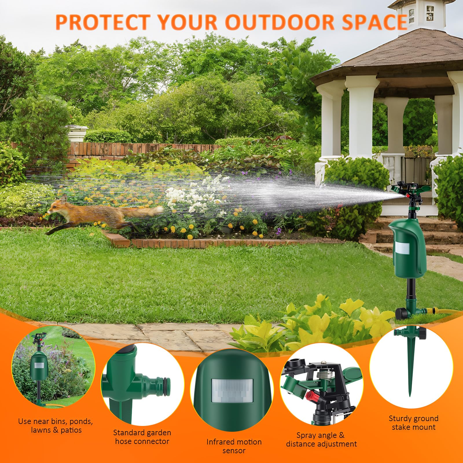 Ahuyentador de Animales por Agua, Aspersor de Agua para Jardín y Estanque con Sensor de Movimiento PIR, Alcance de hasta 10 m, Repelente Plagas para Ahuyentar Gatos, Palomas, Zorros y Pájaros
