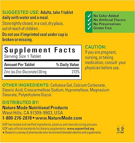 Miniatura 5 de Nature Made Zinc 30 mg suplemento dietético para la salud inmunológica y apoyo antioxidante 100 comprimidos suministro de 100 días