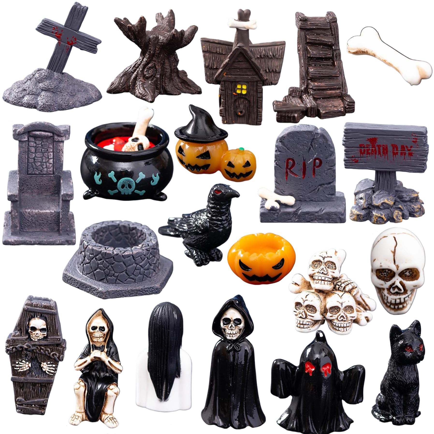 Vervevum Halloween Miniatures, 21PCS Resin Mini Halloween Figurines, Horror Skull Heads Crow Tombstone Scene Village Accessories for Party Favors Fillers, Figurines
