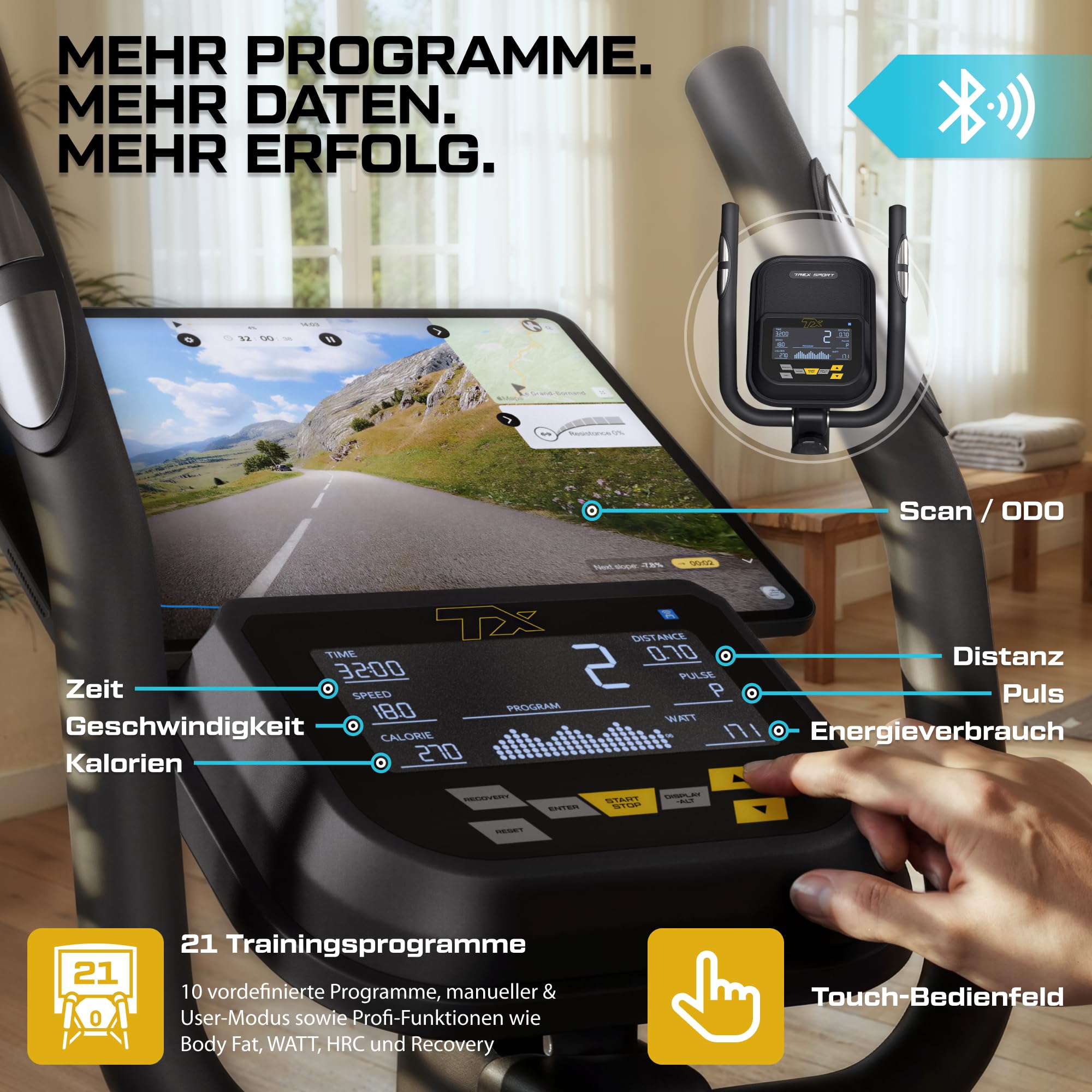 TREX SPORT Crosstrainer für Zuhause STARK bis 135kg Elektrisch 32 Stufen | TX-700ECT Ellipsentrainer mit Computer & Pulssensoren, Magnetbremssystem mit 32 Widerstandsstufen, 21 Programme