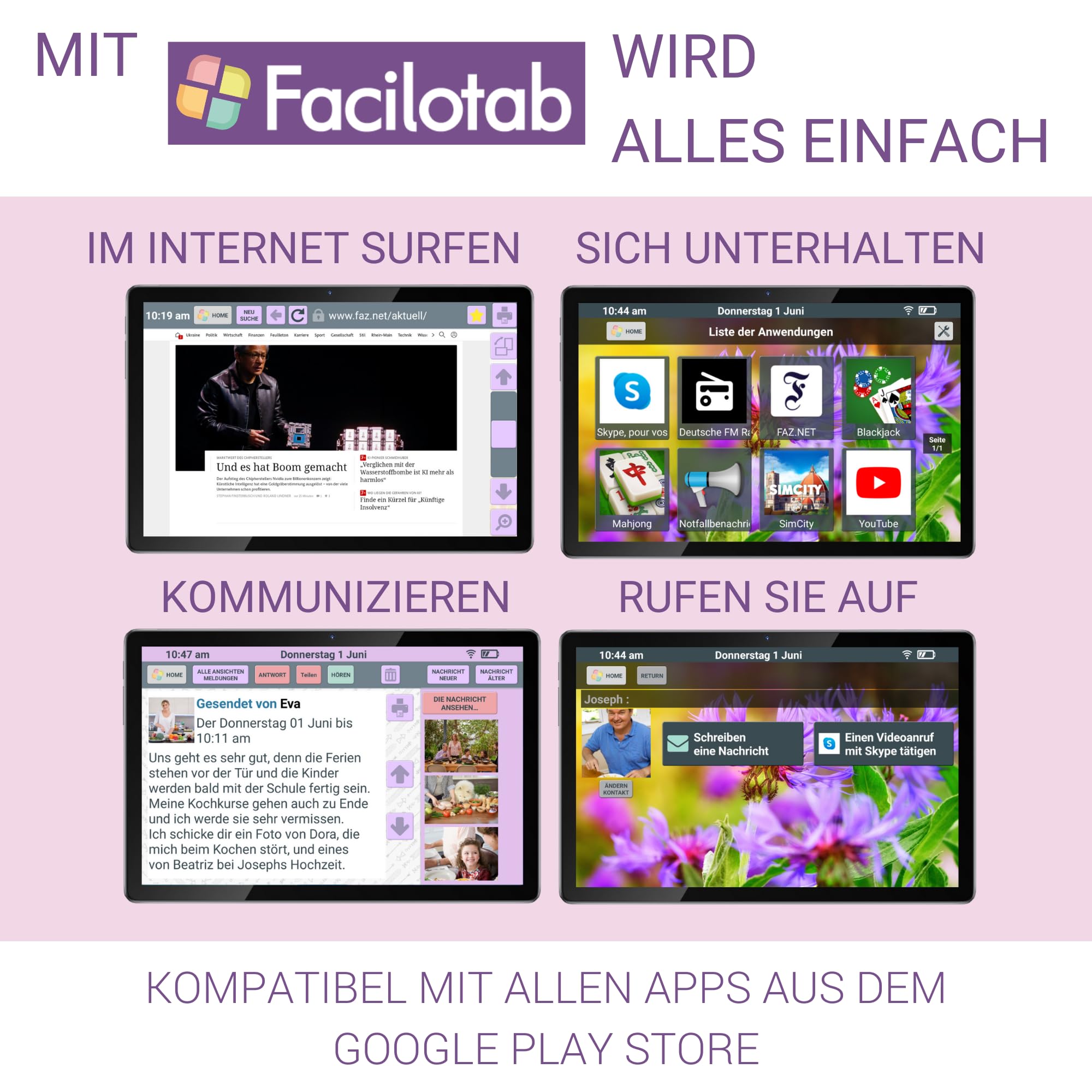 FACILOTAB - Tablet senior preparato in tedesco – Semplice e intuitivo, ideale per gli anziani – Touchscreen molto grande – Fotocamera anteriore e posteriore