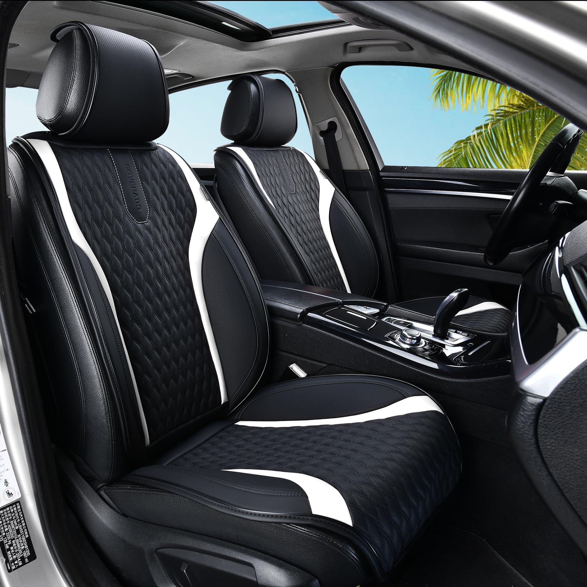 Coverado Front Seat Covers, 2PCS Waterproof Seat Covers for Cars, Car Seat Cushion Waterproof Leather Car Seat Protector, Driver Seat Cover Universal Fit for Most Sedans SUV Truck Black&amp;White