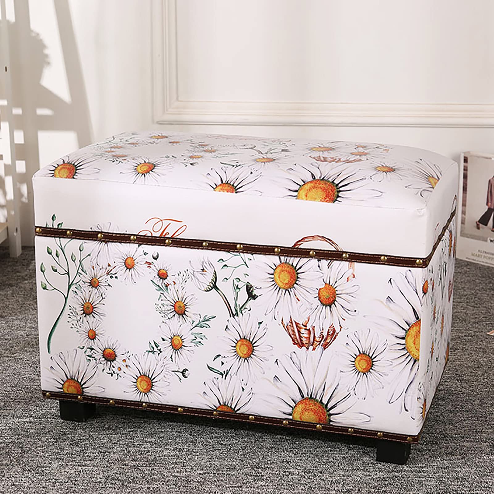 SXZenSpace Country Style Storage Ottoman Bench,Faux Leather Upholstered Bench Seat Farmhouse Bench,Livingroom Entryway Rectangular Shoes Changing Stool Chest-D 55x32x40cm(22x13x16inch)
