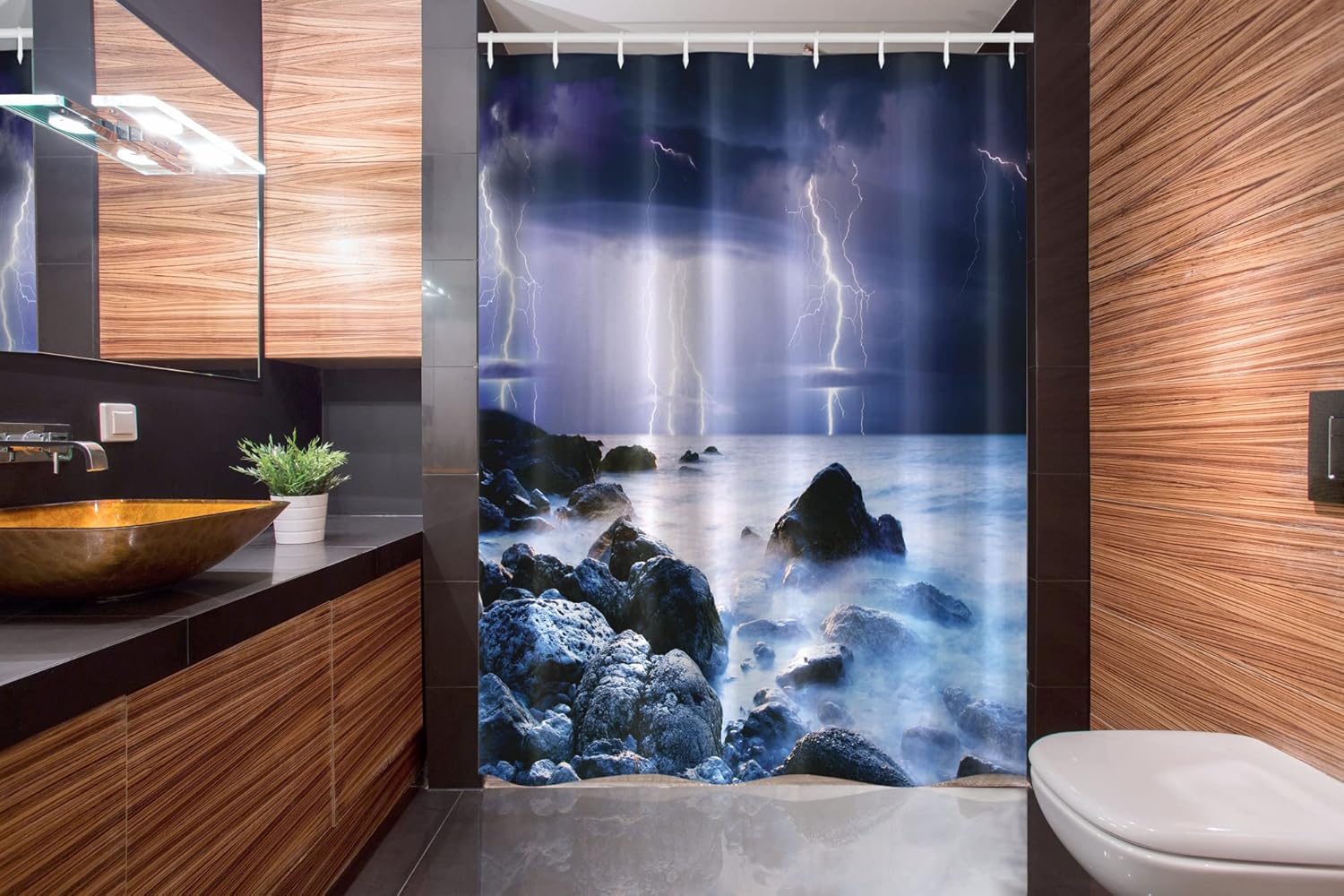 Ambesonne Nature Stall Shower Curtain, Summer Storm Bolts Over The Rocks in Ocean Nightmare Theme Weather Nature Image, Fabric Bathroom Decor Set with Hooks, 54" W x 78" L, Purple Grey