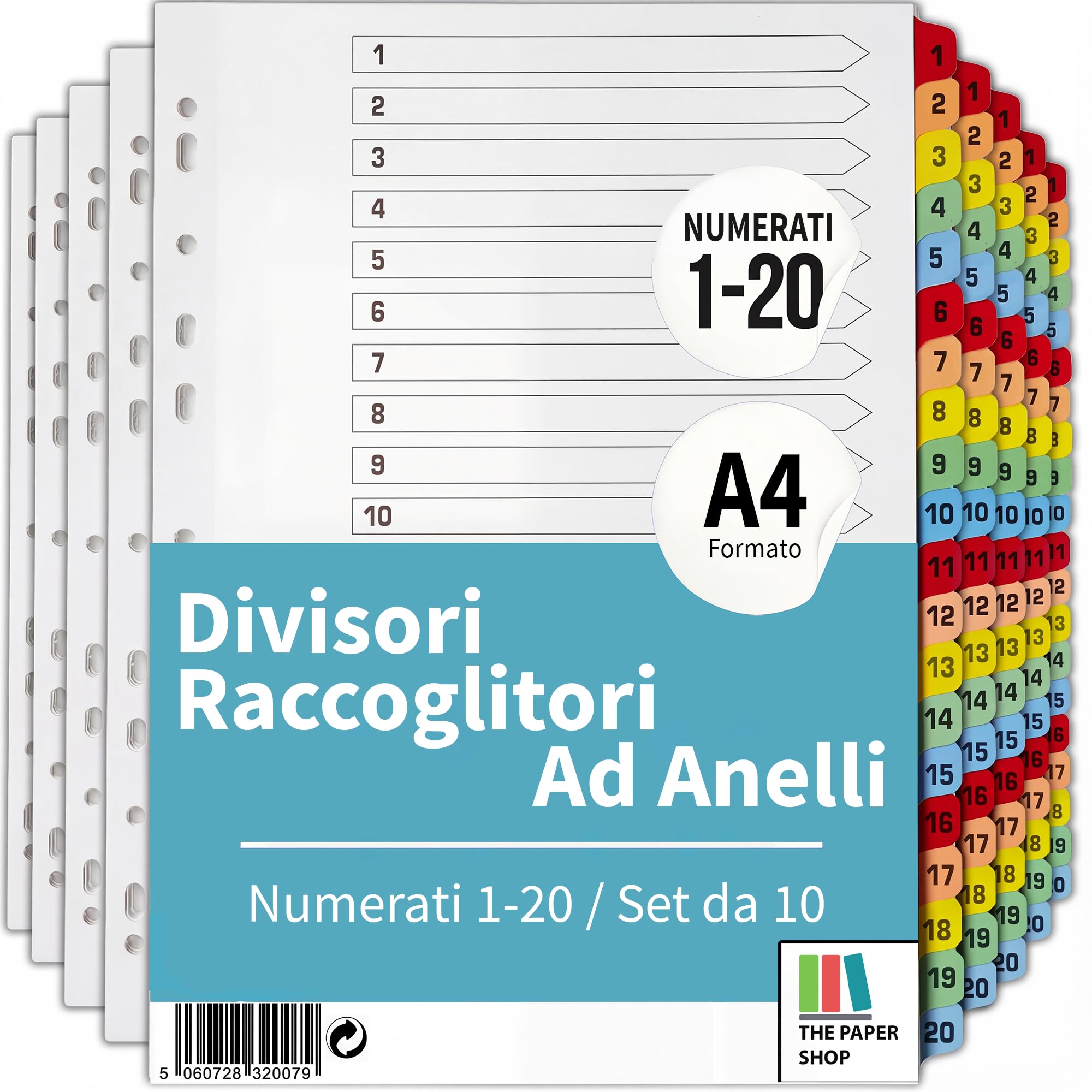 [Confezione da 10] Divisori Raccoglitori ad Anelli A4 20 Parti Numerate 1-20 con Schede Colorate Rinforzate Multiforate 150 g/mq