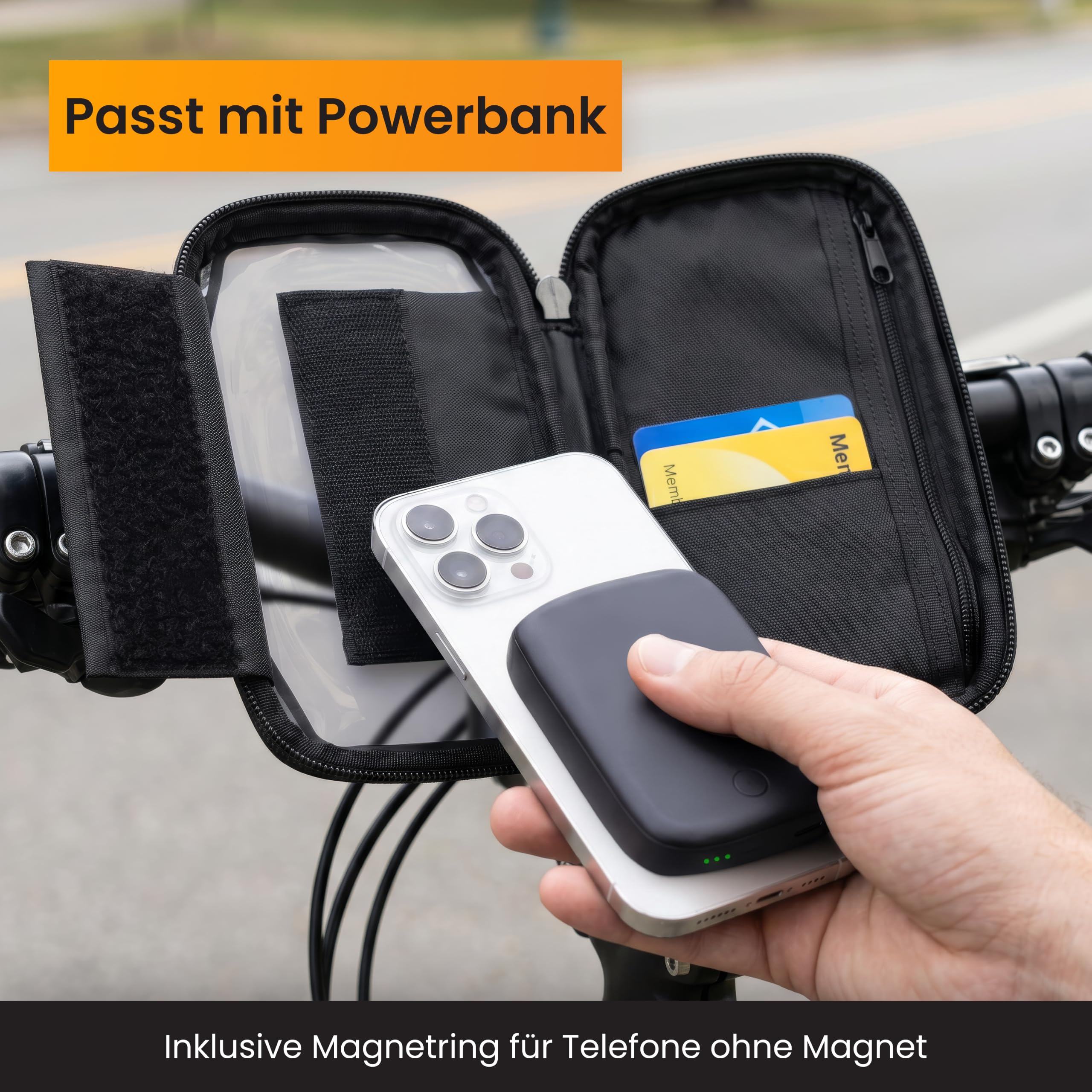 R2B Wasserdichte Handyhalterung Fahrrad mit Powerbank passend für Magsafe - Mit Zusätzlichem Staufach, Telefonhalter für Mountainbikes, Motorrad und Kinderwagen, 360-Grad-Rotationsfunktion, Einfache