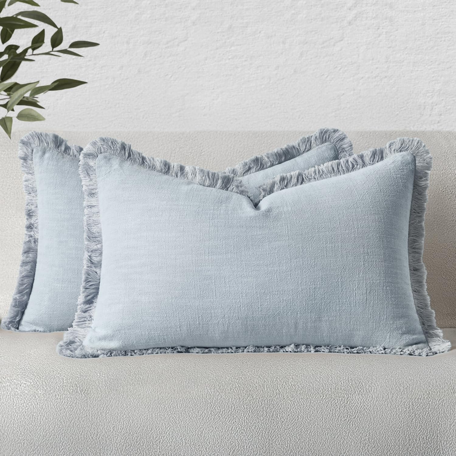 MIULEE Linen Fringe Decorative Lumbar Throw Pillow Covers Sky Blue 12x20