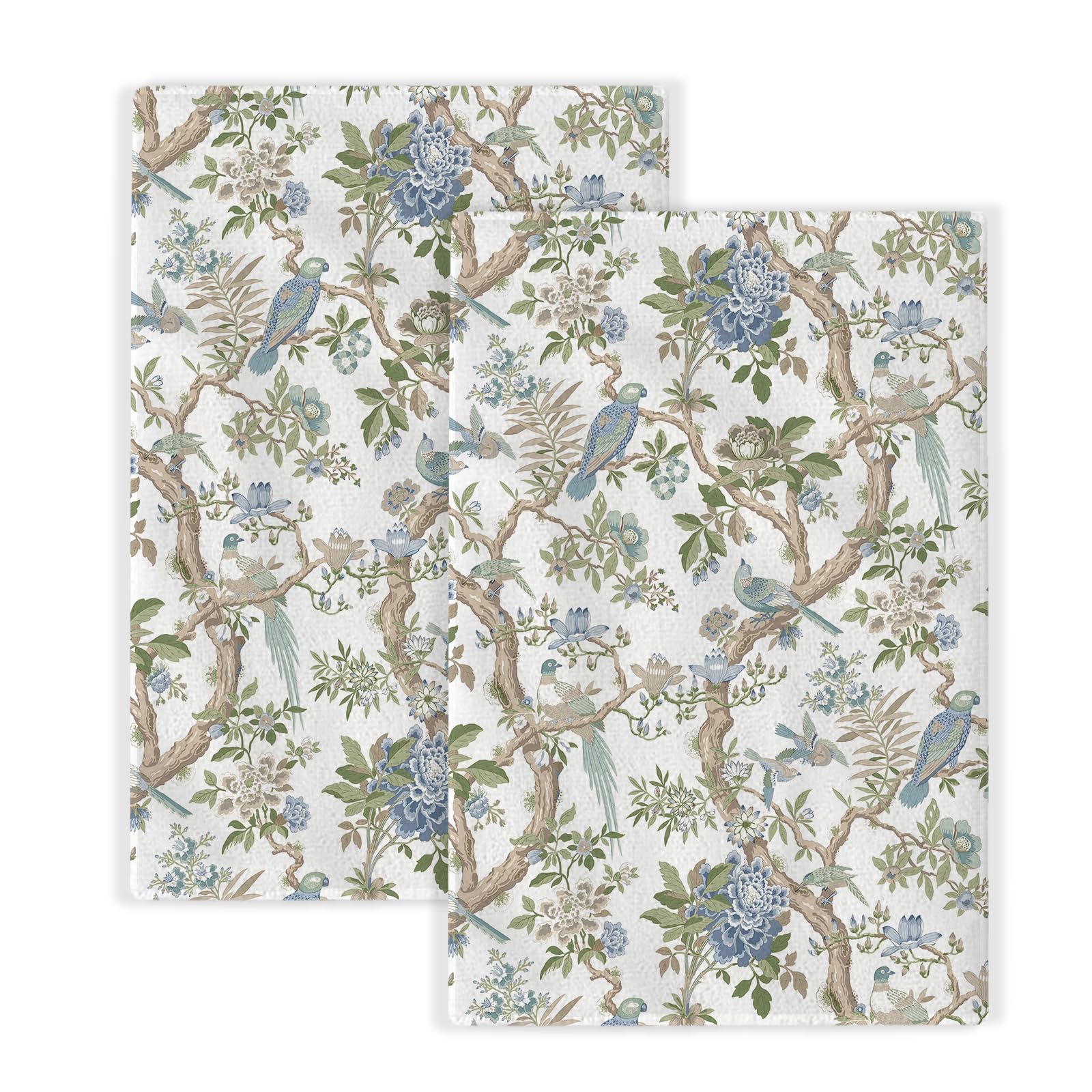 Chinoiserie Floral Kitchen Towels Blue Green White Flowers Bird Spring Dish Towels, 16x24 Inch Farmhouse Summer Holiday Decoration Absorbent Hand Towels for Kitchen Drying Decor Set of 2