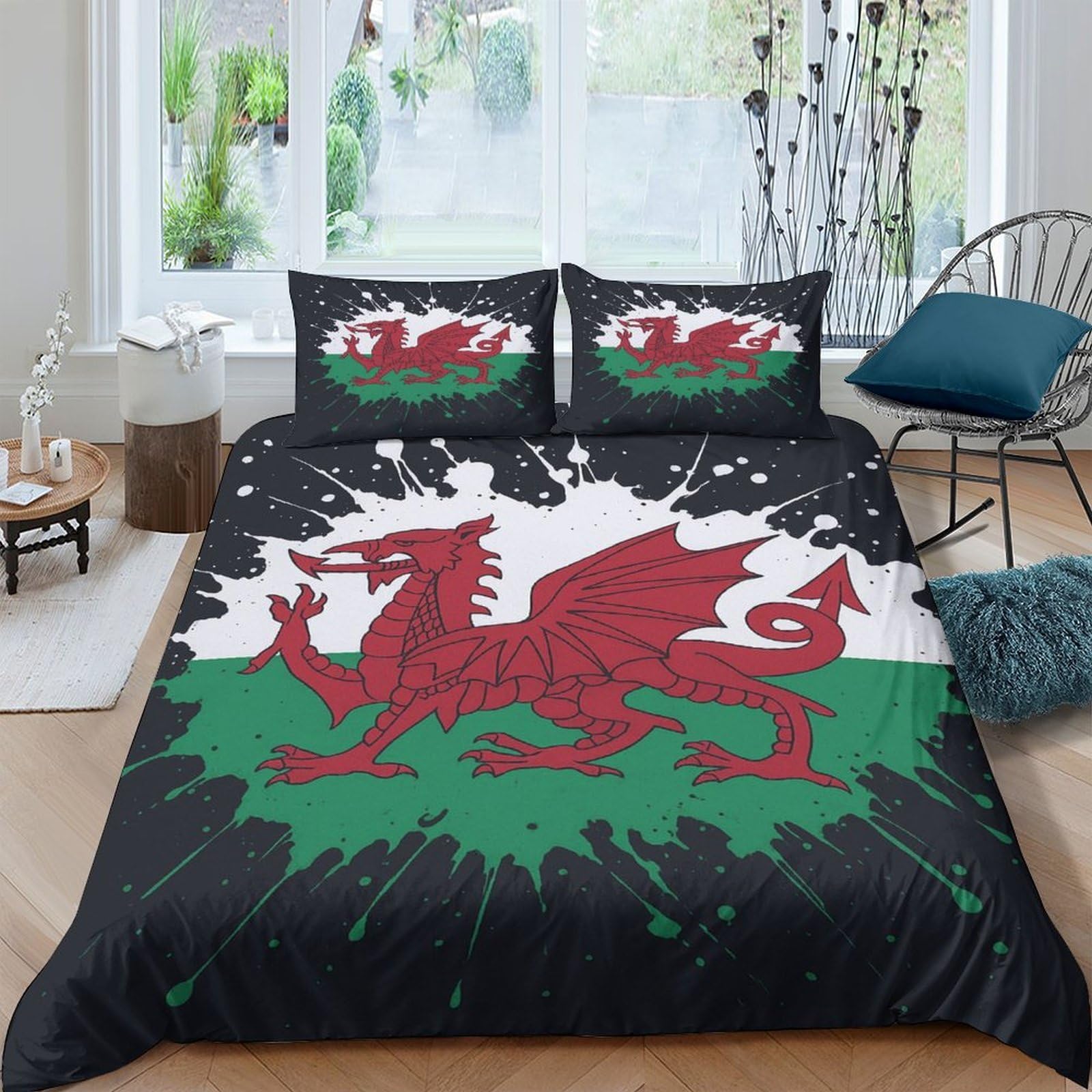 Ctjqhvkz Style-1 3D Printed Welsh Dragon Fitted Sheet Microfiber Soft Black Green Red Splatter Bed Cover For Bedroom Guest Room Decor Single（135X200cm）