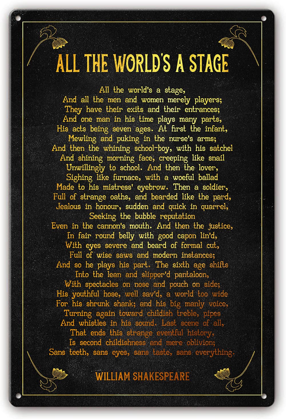 Preeklen Tin Sign 089 All The Worlds A Stage Poem Metal Signs Wall Decor William Shakespeare Quote Wall Art Poetry Poster Decorative Vertical Painting Decorations For Living Room 12X16 Inch