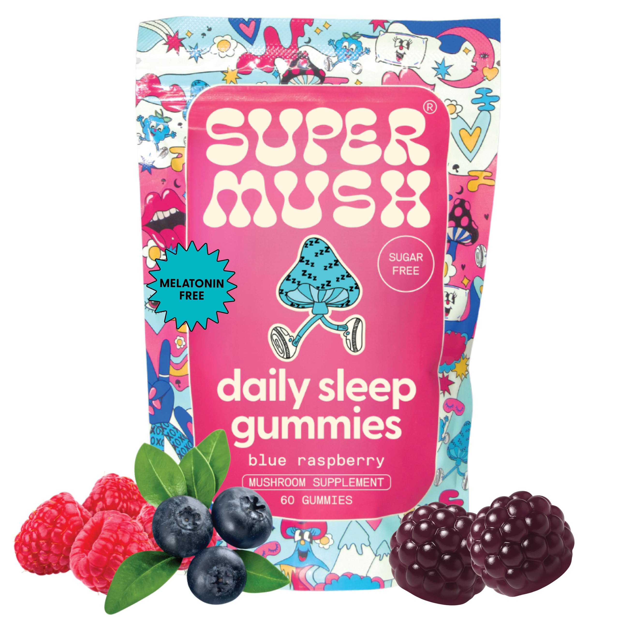 SuperMushSleep Gummies for Adults - Mushroom Supplement with Magnesium Citrate, L-Theanine, Chaga, Reishi & Chamomile for Deep Sleep, REM & Detox - Vegan & Sugar-Free - 60 Gummies (30 Servings)