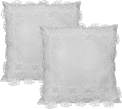 Juego de 2 fundas de almohada de 18 x 18 pulgadas, fundas de almohada suaves de encaje blanco, decoración de sala de estar, exquisita funda de cojín
