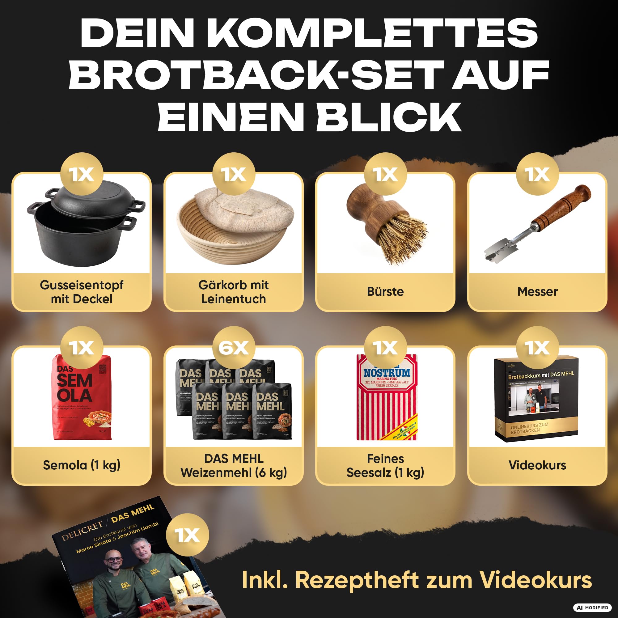 Delicret Premium Brotback Set für Weizenbrot mit Zutaten & Gusseisentopf