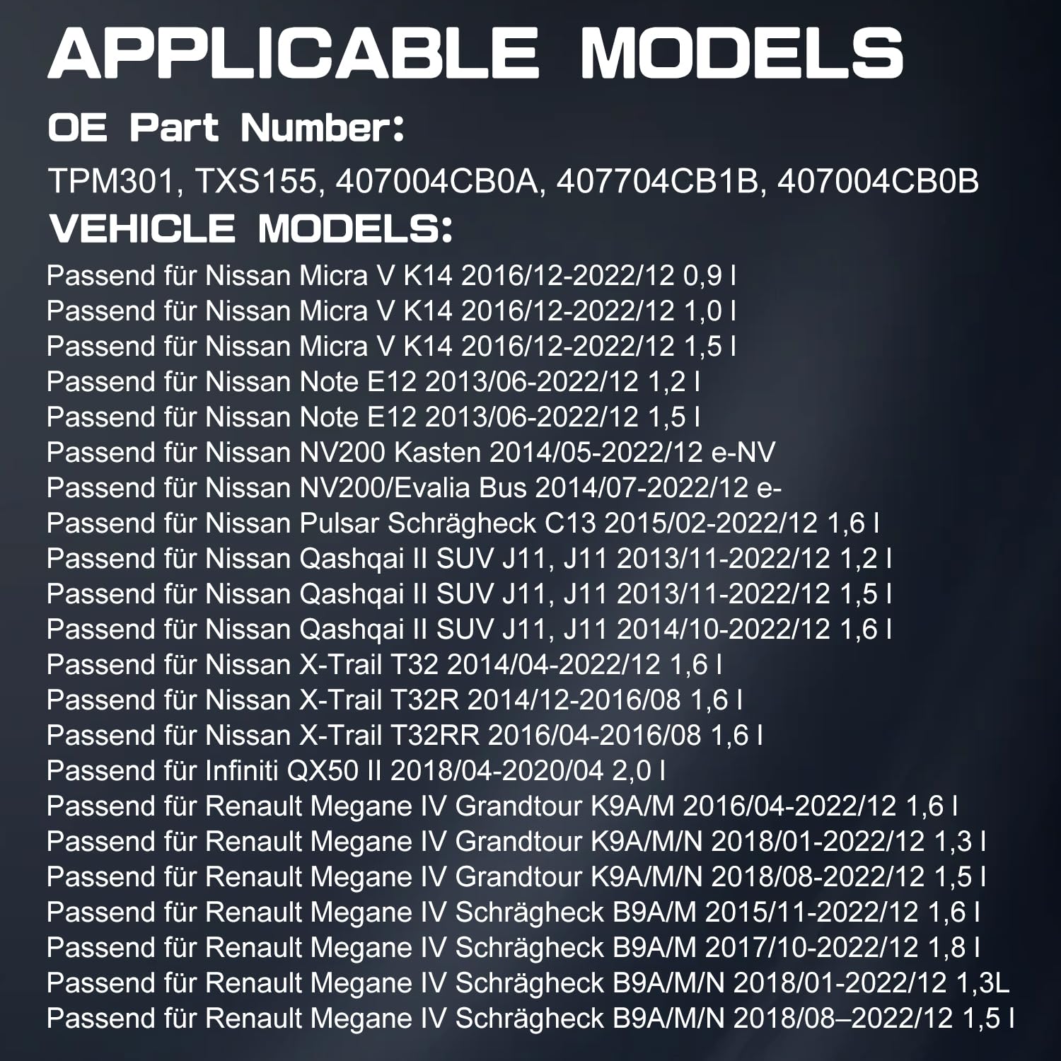 4 szt. TPMS czujnik ciśnienia w oponach z przodu, z tyłu, kompatybilny z QX50 II NV200 Nissan X-Trail Renault Megane RDKS czujnik ciśnienia w oponach system kontroli ciśnienia w oponach 407004CB0A
