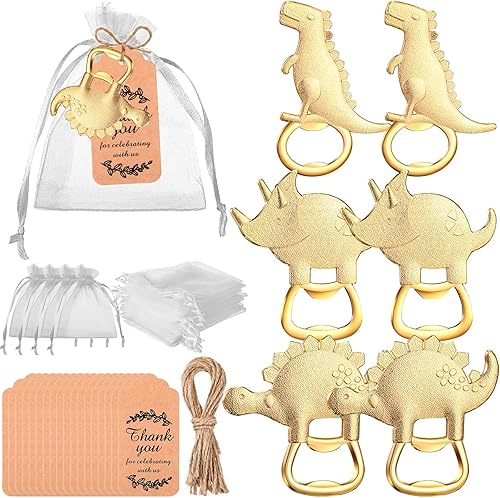 54 piezas de abrebotellas de dinosaurio, regalos de devolución de baby shower para invitados, abridor de botellas y recuerdos con bolsas de organza,