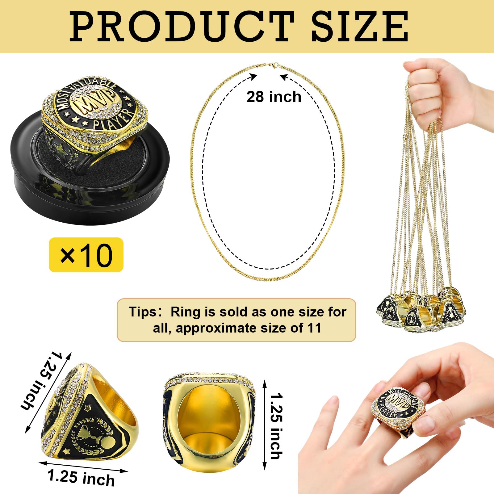 Highergo 10pcs Softball Soccer Baseball MVP Championship Trophy Ring with Display Neck Chain and Stand Basketball Cheerleading Bowling Football Volleyball Track Field for Award Gift