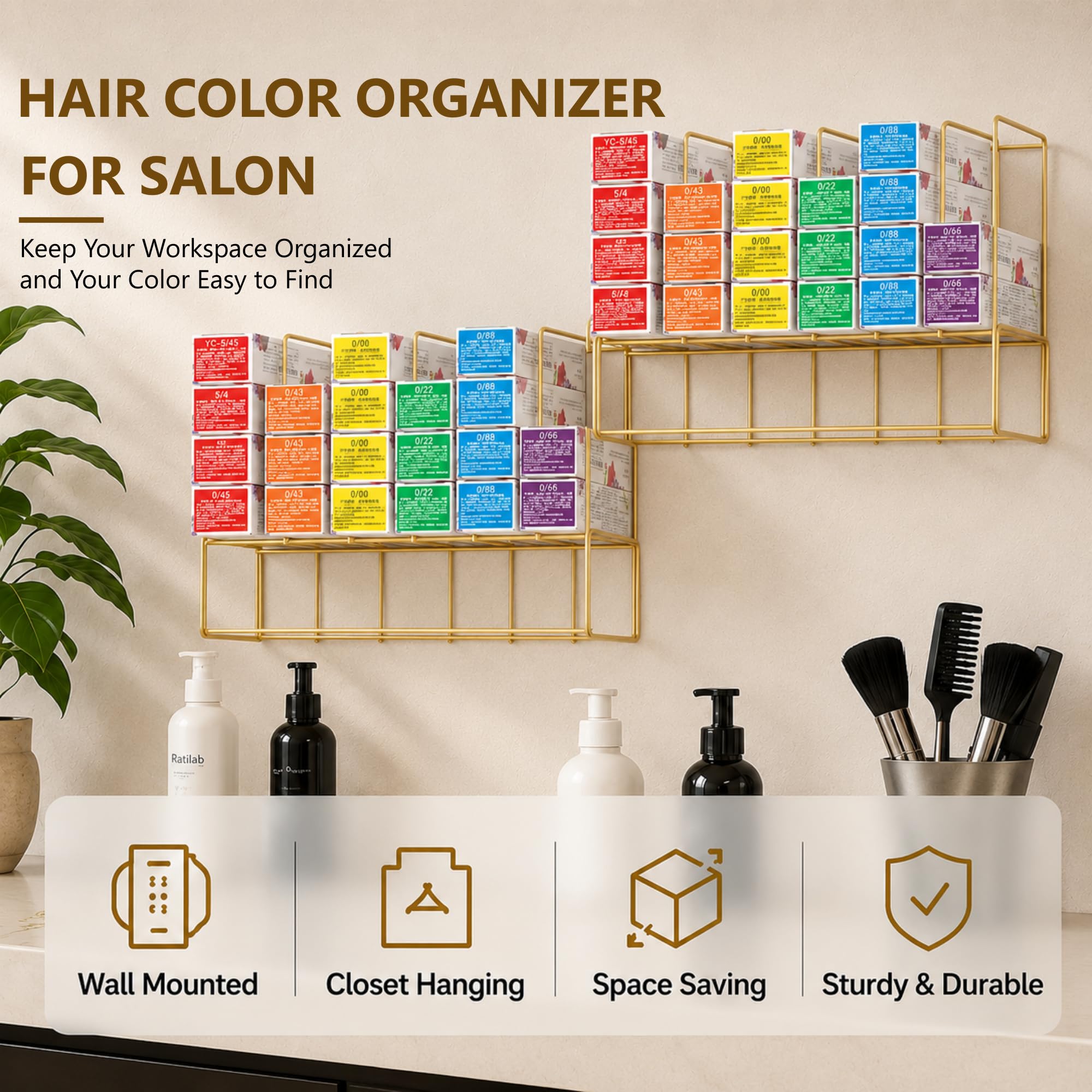 Meudid Organizador de color de cabello para salón de belleza, 2 estantes de metal para teñir el cabello, armario montado en la pared disponible