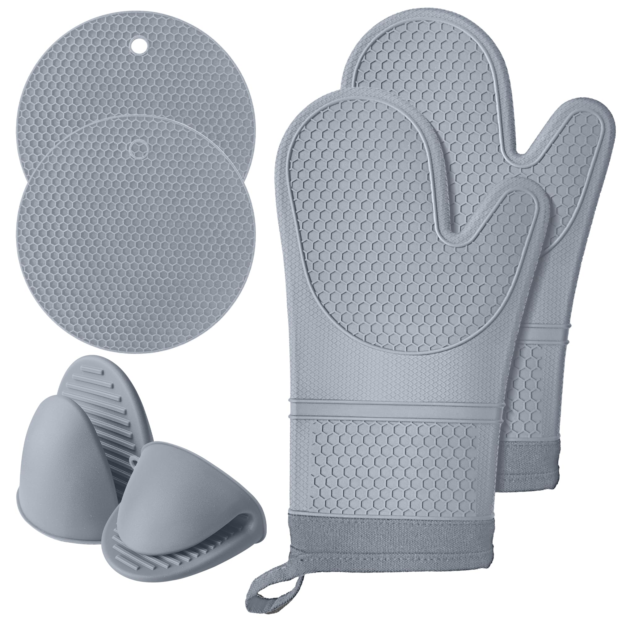 Lazebox Silicone Oven Mitts with Cotton Lining, Non-Slip Textured Grip, Heat and Slip Resistant, Set of 3, Gray