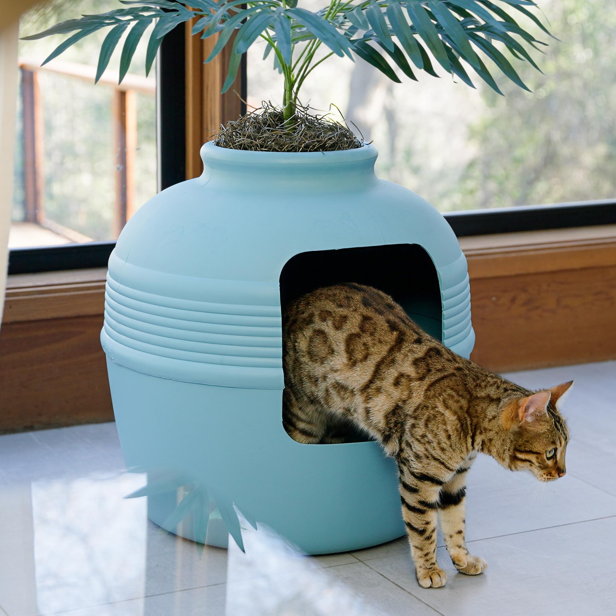 Good Pet Stuff zestaw podstawowy okrągłej ukrytej kociej kuwety w kształcie plantera ze sztuczną rośliną, wentylowany system filtrów węglowych z kapturem do kontroli zapachów, łatwy do czyszczenia,