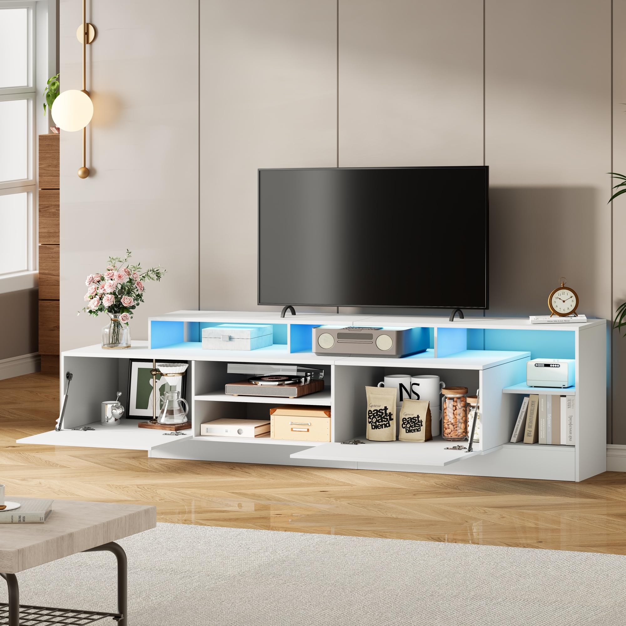 Azkoeesy Mobile TV da 190 cm, bianco lucido, luci a LED, 2 ante e scomparti aperti, moderno mobile TV per soggiorno