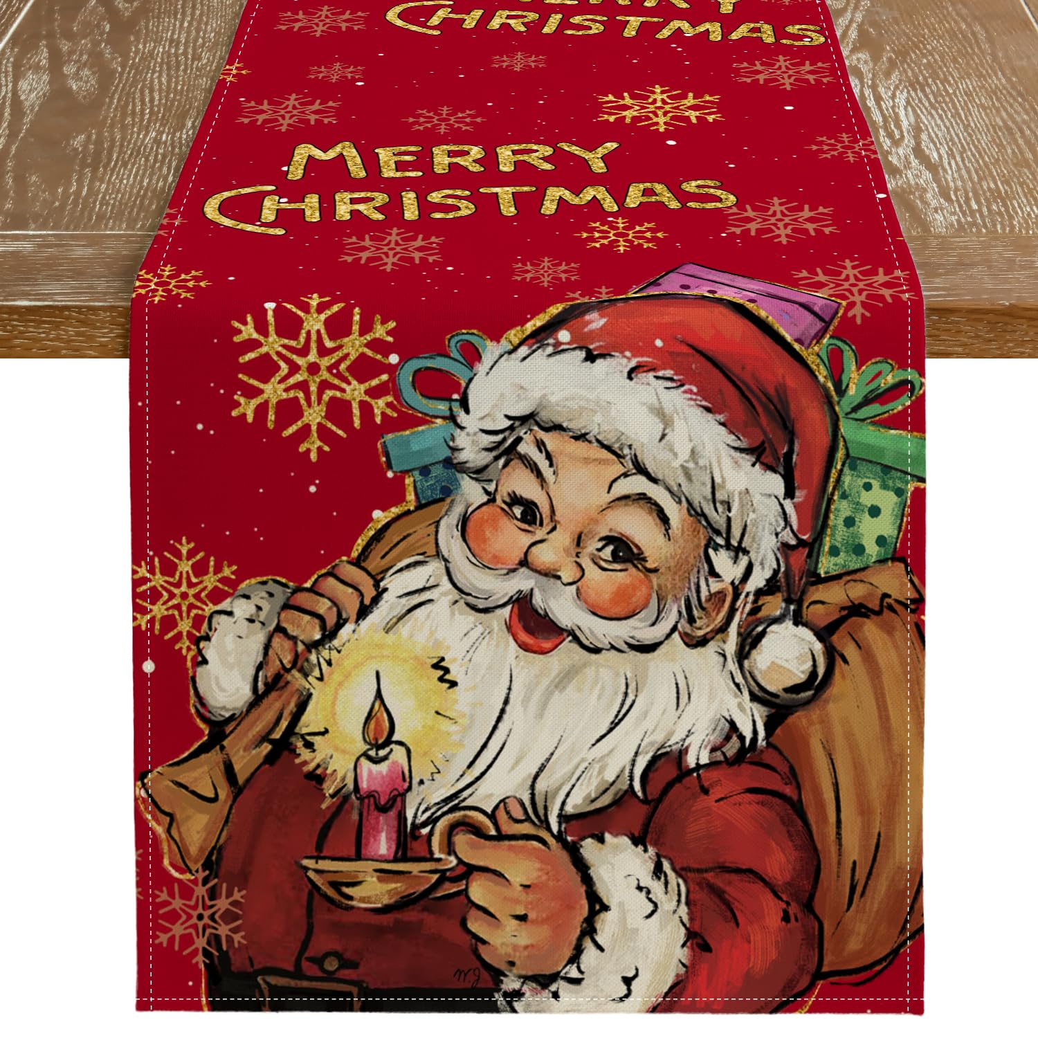 Merry Christmas Santa Claus Red Table Runner 13x72 Inches, Winter Holiday Indoor Outdoor Table Decoration for Home
