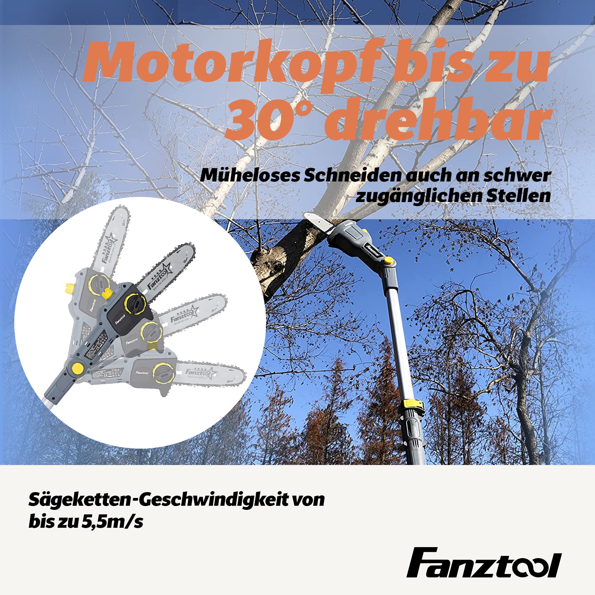 FANZTOOL 20V Li-Ion Akku-Hochentaster mit 2,5Ah Akku/Ladegerät, Höhe bis 5 m, 17 cm Schnittstärke, Schwertlänge 20 cm, leichtes Gewicht 4 kg