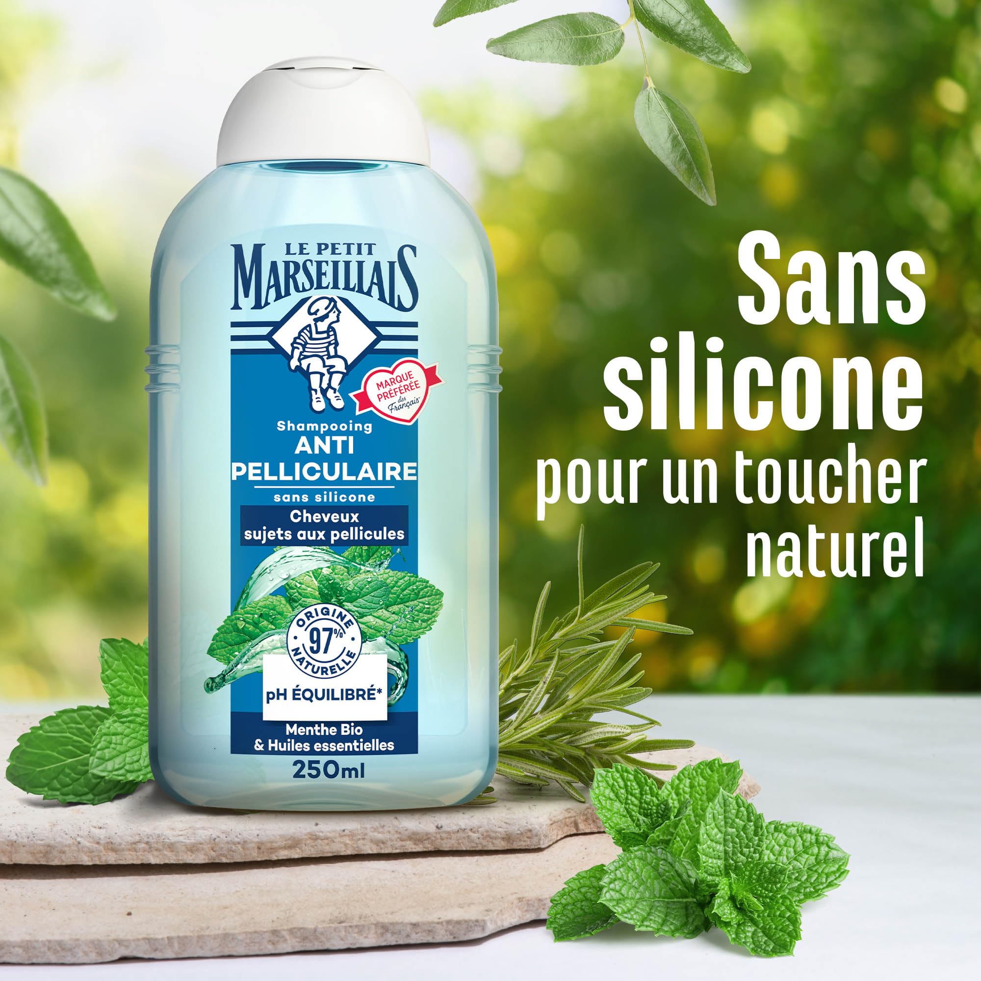 Le Petit Marseillais – Shampooing Anti-Pelliculaire Menthe Bio & Huiles Essentielles (flacon de 250 ml) – Shampoing sans silicone pour cheveux sujets aux pellicules – 97 % d'origine naturelle