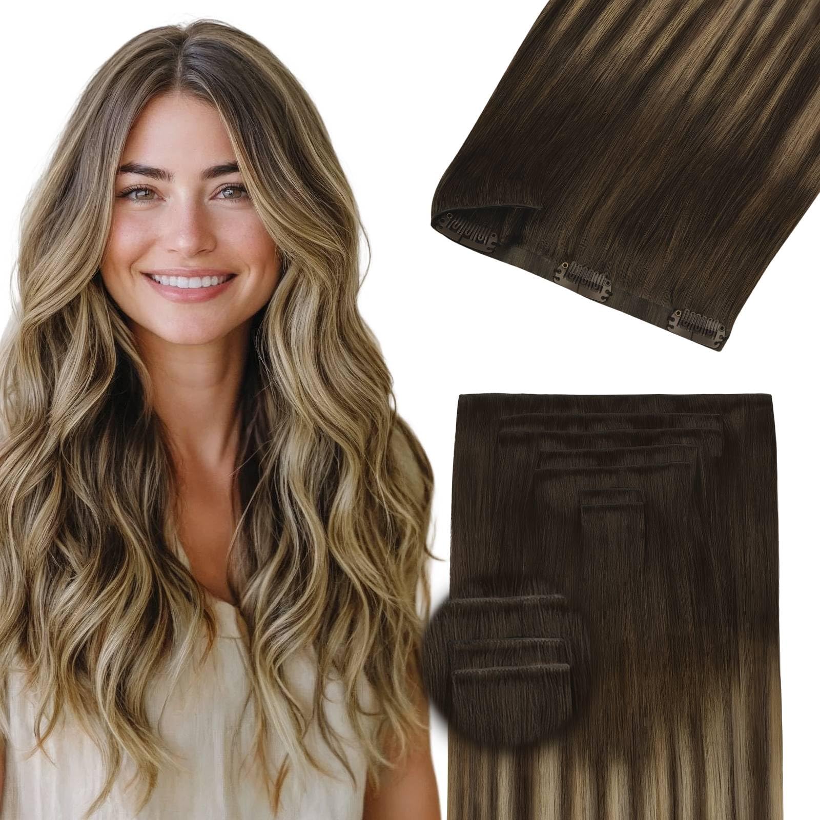 DOORES Invisible Clip in Hair Extensions 20 inch 150g 7pcs, Real Human Hair Invisi Edge Clip in Extensions, Virgin PU Clipins Straight Thickening