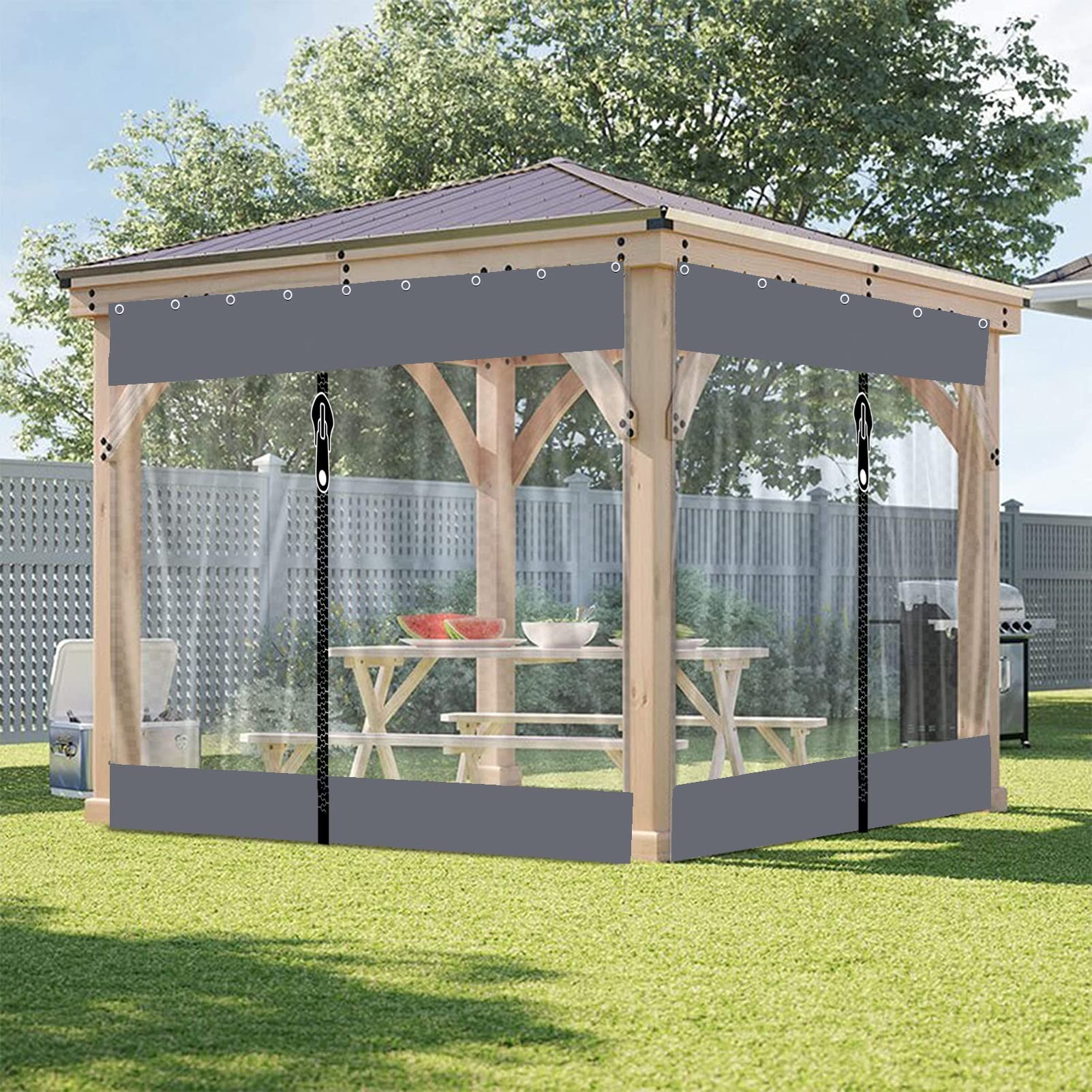 Pergola Trasparente Resistente Alle Intemperie – Pannelli Laterali Impermeabili Con Occhielli Per Terrazza (Grigio Chiaro, 5.60x2.70m)