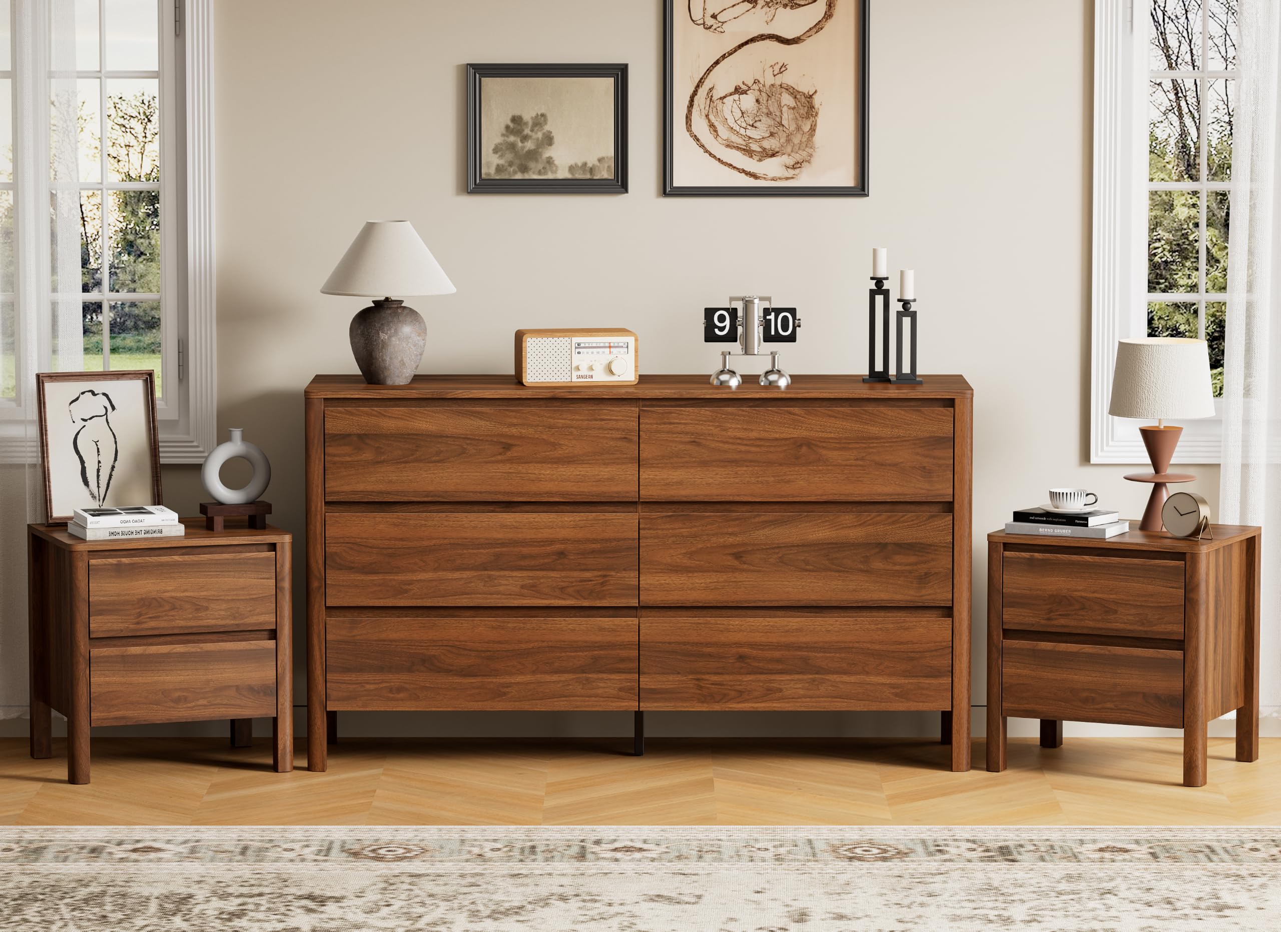 Furniway Walnut Mid-Century Modern Dresser and Nightstand Set 3 Piece