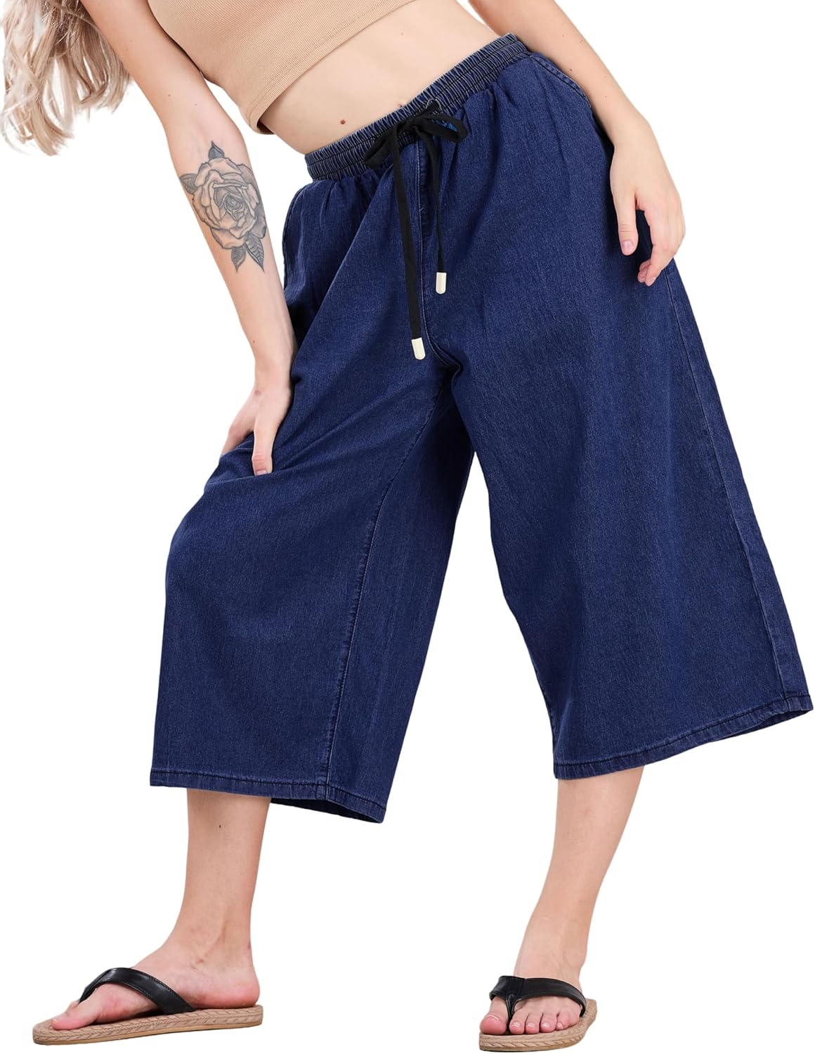 CHARTOU Women Elastic Waist Wide Leg Capris Cropped Denim Pants Jeans Palazzo Culottes with Pocket