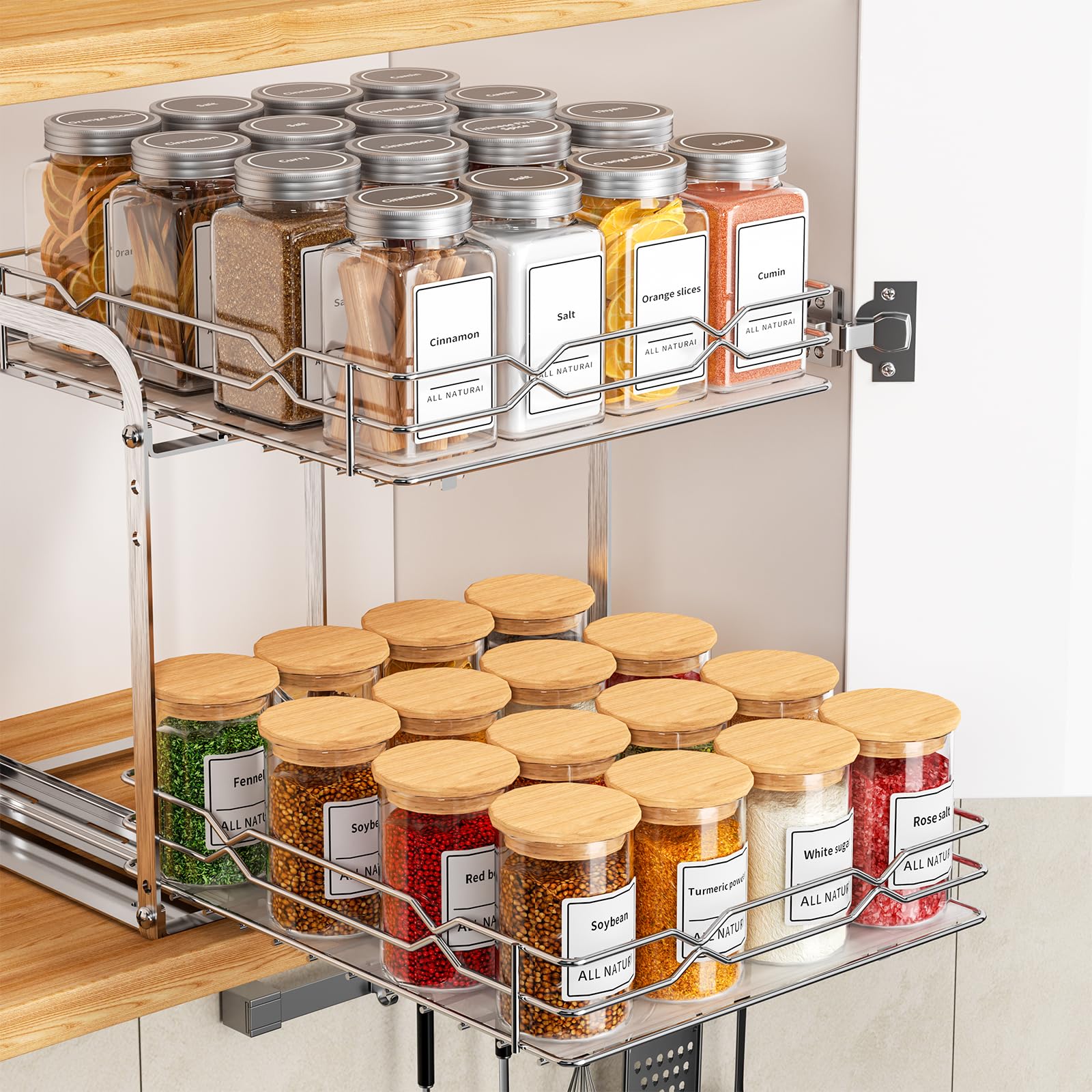 Étagère À Épices Pour Intérieur D'armoire, Organiseur De Placard Coulissant, Étagère À Épices À 2 Niveaux, Organiseur À Épices En Acier Inoxydable À Hauteur Réglable, P23,4*L26.4*H25CM