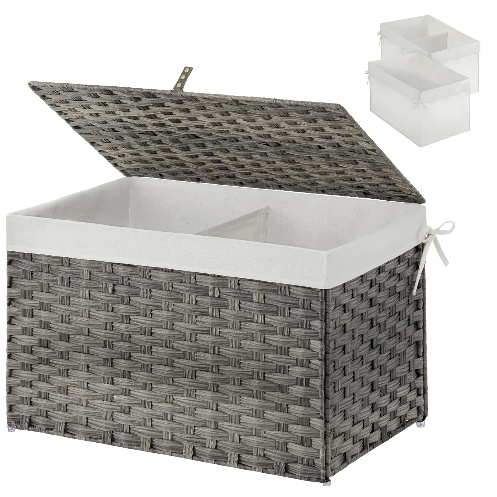 GREENSTELL Storage Basket with Lid, Handwoven Large Shelf Basket with Cotton Liner and Metal Frame, Foldable & Easy to Install, Storage Box Basket Bin with Handle for Bedroom, Laundry Room Grey 65L