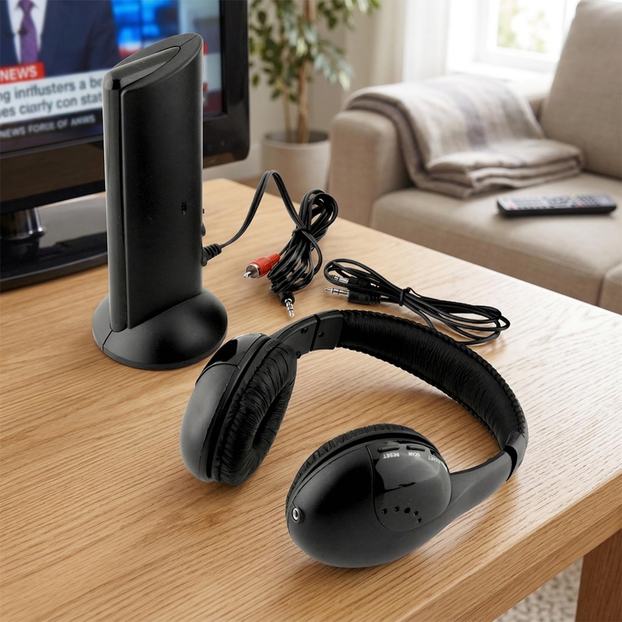 DOITOOL 5-in-1 Funkkopfhörer für Fernseher Kabellos - Over-Ear Kopfhörer mit Radio - Drahtloser TV Kopfhörer ohne Kabel - Plug & Play R-F Basisstation mit Mikrofon für PC und Stereoanlage Schwarz