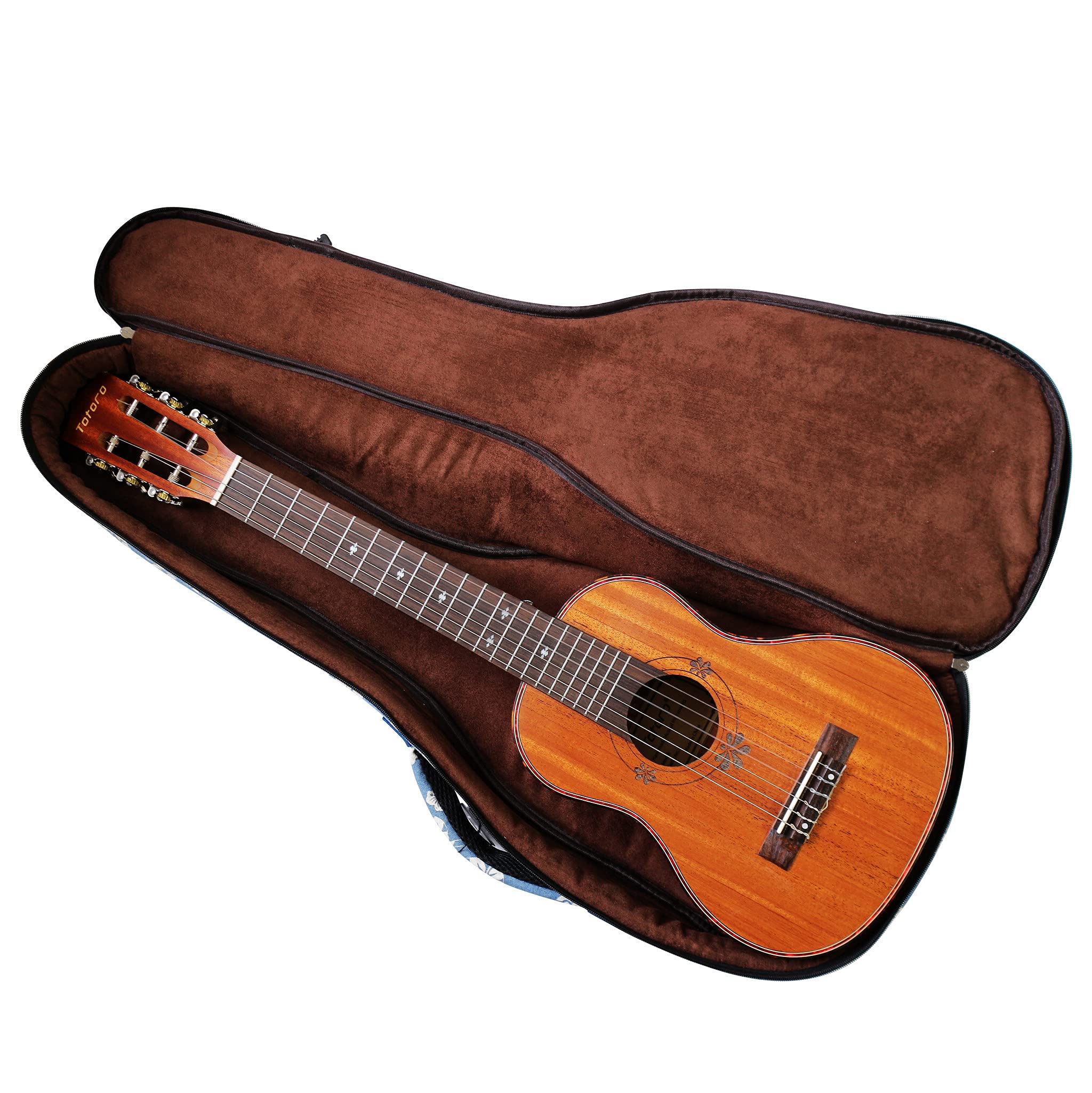 MUSIC FIRST Original Design 15 mm dick gepolstert Hawaii-Stil Blue and White Plumeria Canvas Bariton Ukulele Tasche (76,2 cm ~ 78,7 cm).