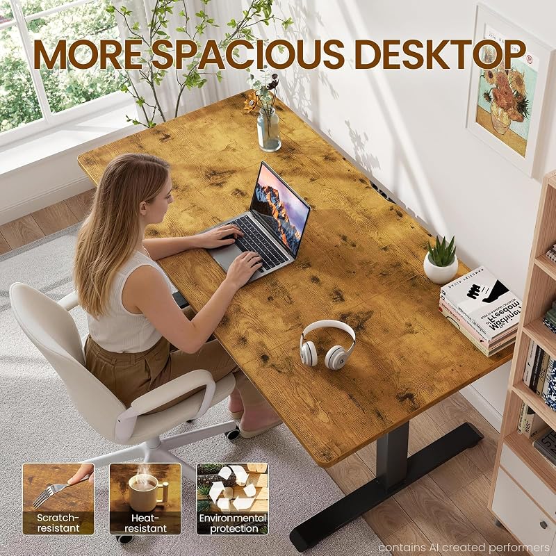 Veken 63"x28" Wider Large Standing Desk, Electric Height Adjustable, Brown image 5