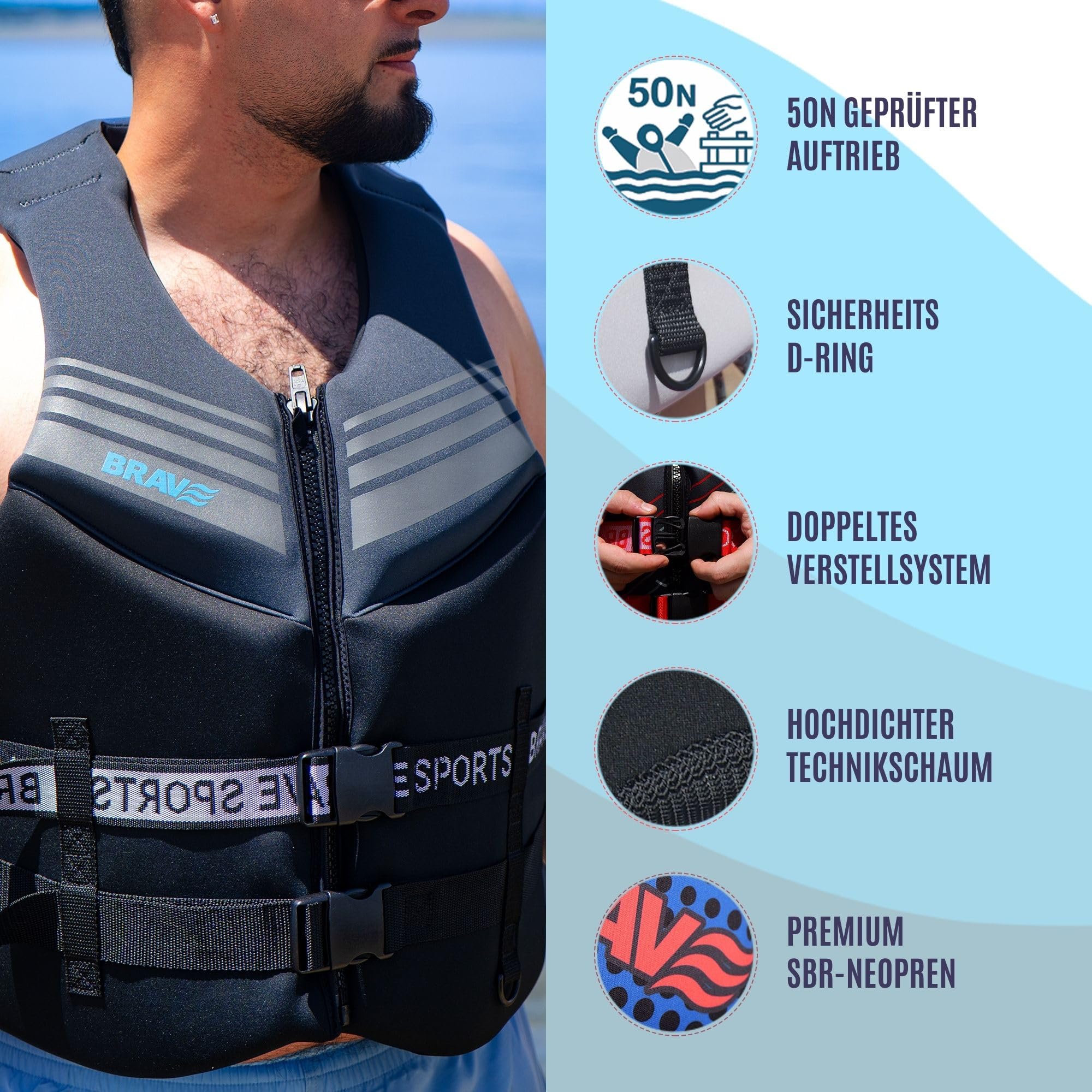 Auftriebsweste 50N Herren – Schwimmweste für Jet Ski, Wakeboard, SUP & Kajak – SBR-Neopren mit EPE-Schaum – Frontreißverschluss, 2 verstellbare Gurte & D-Ring