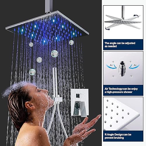 Miniatura 2 de Juego de grifo de ducha LED montado en el techo, cabezal de ducha de lluvia de 10 pulgadas con rociador de mano 2 en 1, sistema de ducha LED,