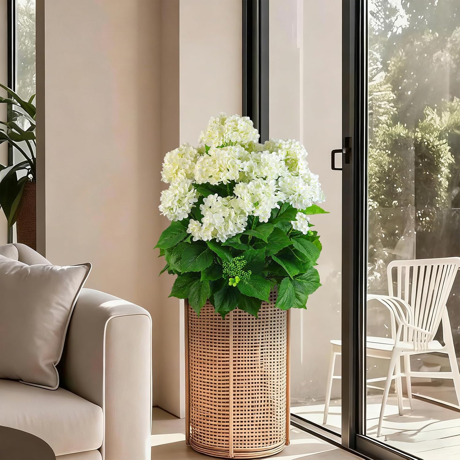 Artificial Hydrangea Tree 28’’ Tall, Faux White Hydrangea Plant in Pot, UV Resistant Potted Fake Flower for Indoor Outdoor Porch, Patio, Balcony, or Home Decor (2, White)