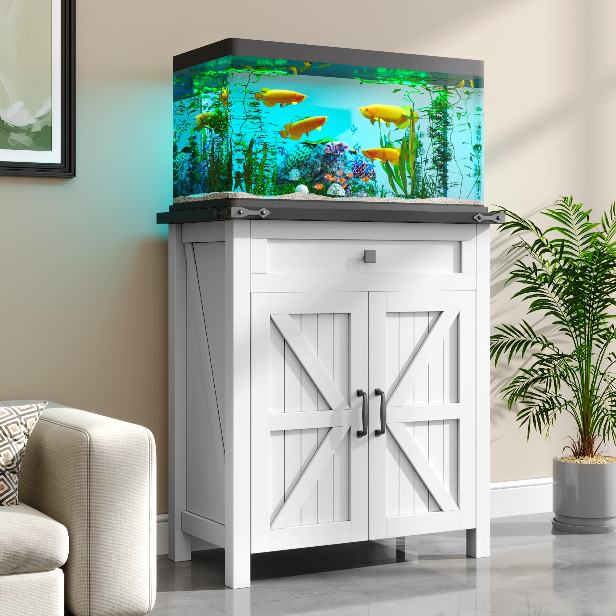 kepptory 20 Gallon Fish Tank Stand with Power Outlets, Farmhouse Decorative Aquarium Stand Furniture with Adjustable Shelves and Storage Cabinet, 10