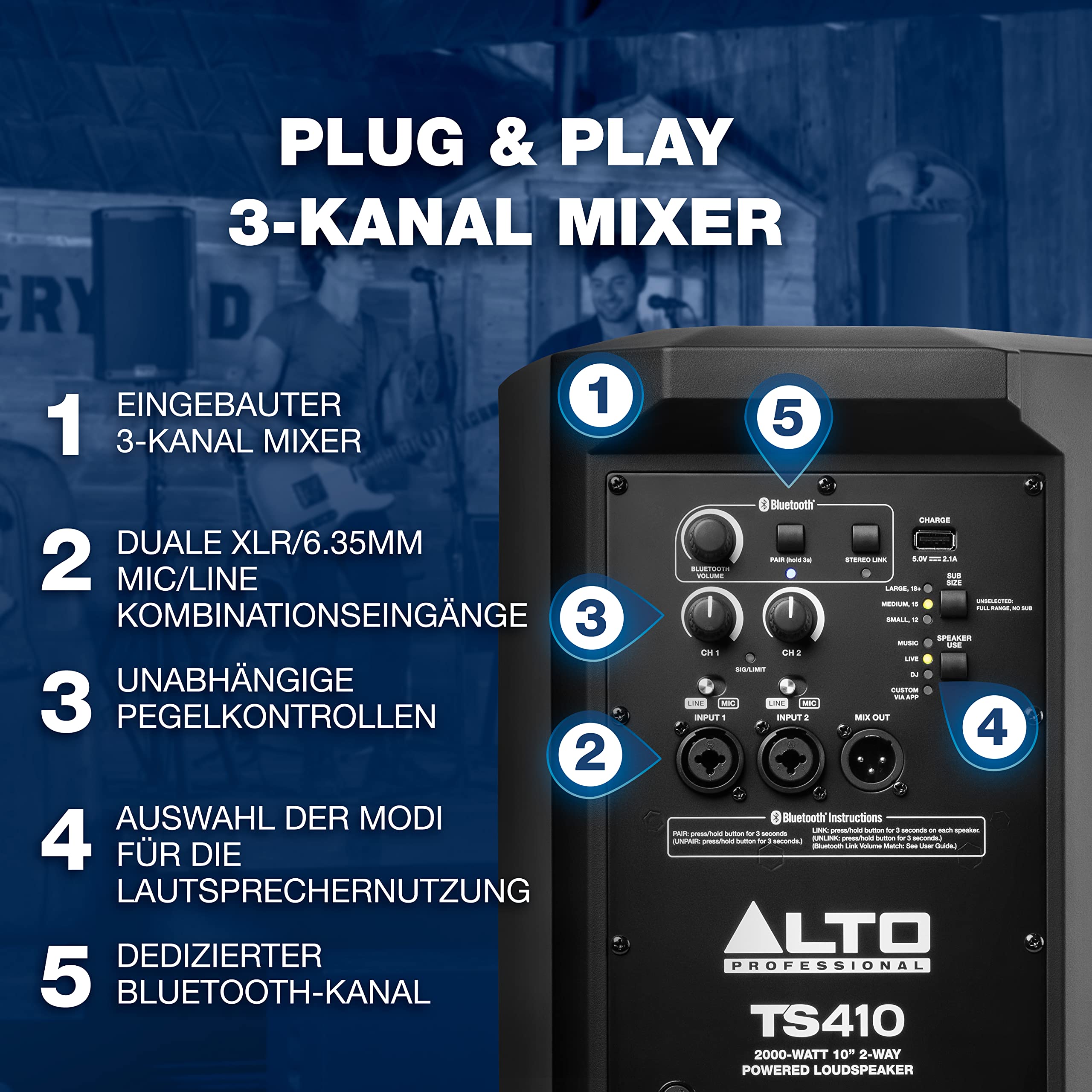 ALTO TS410 2000 Watt 10-Zoll Aktiver PA-Lautsprecher mit 3-Kanal Mixer, Bluetooth-Streaming, Drahtloser Lautsprecherkopplung, DSP App
