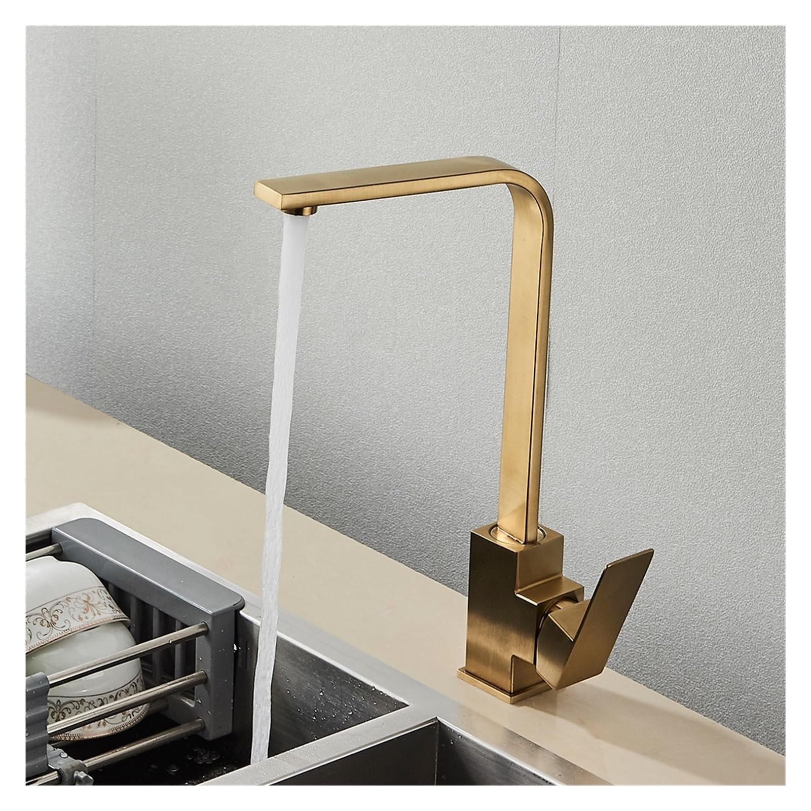 Grifo de cocina monomando con caño giratorio de arco alto en acero inoxidable cepillado oro