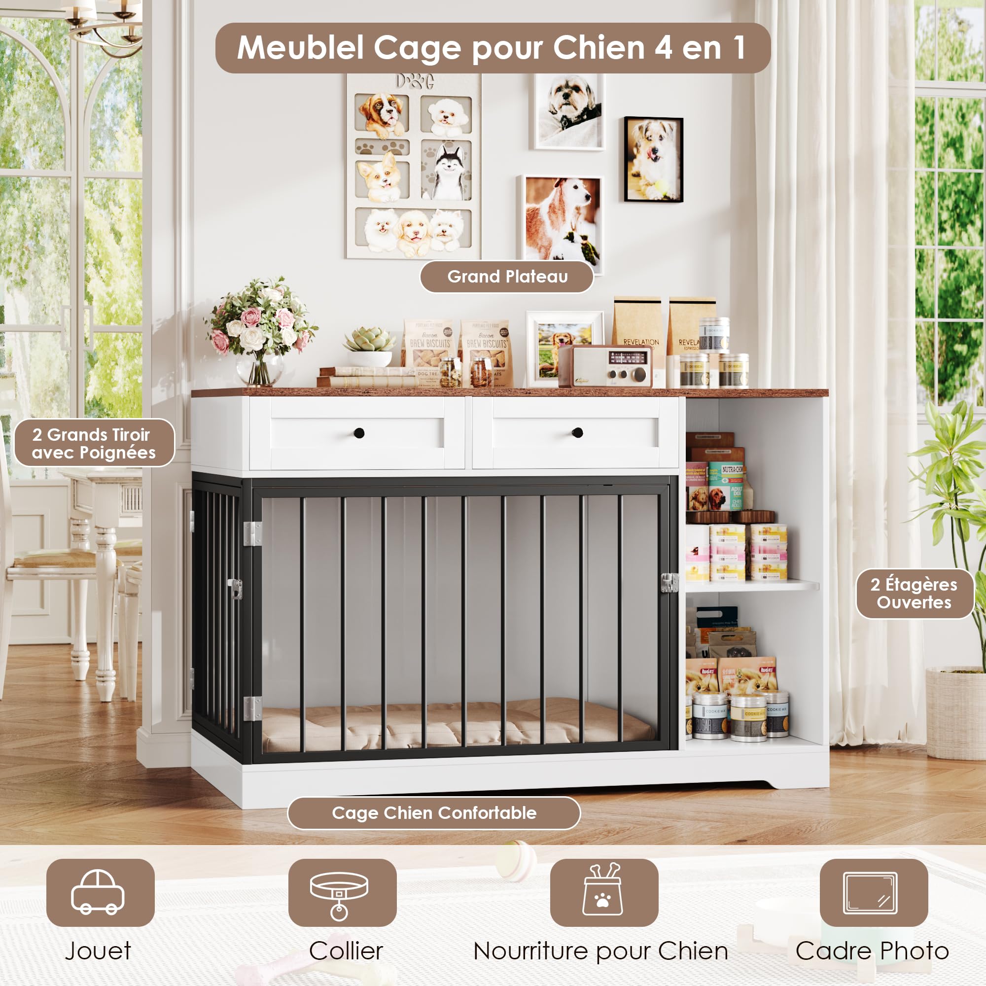 FirFurd 120 cm Cage pour Chien, Cage Chien Interieur avec 2 Porte 2 Tiroirs 2 Étagères, Niche pour Chiens Meuble Cage Chiens en Bois 120x60x87cm Blanc+Marron