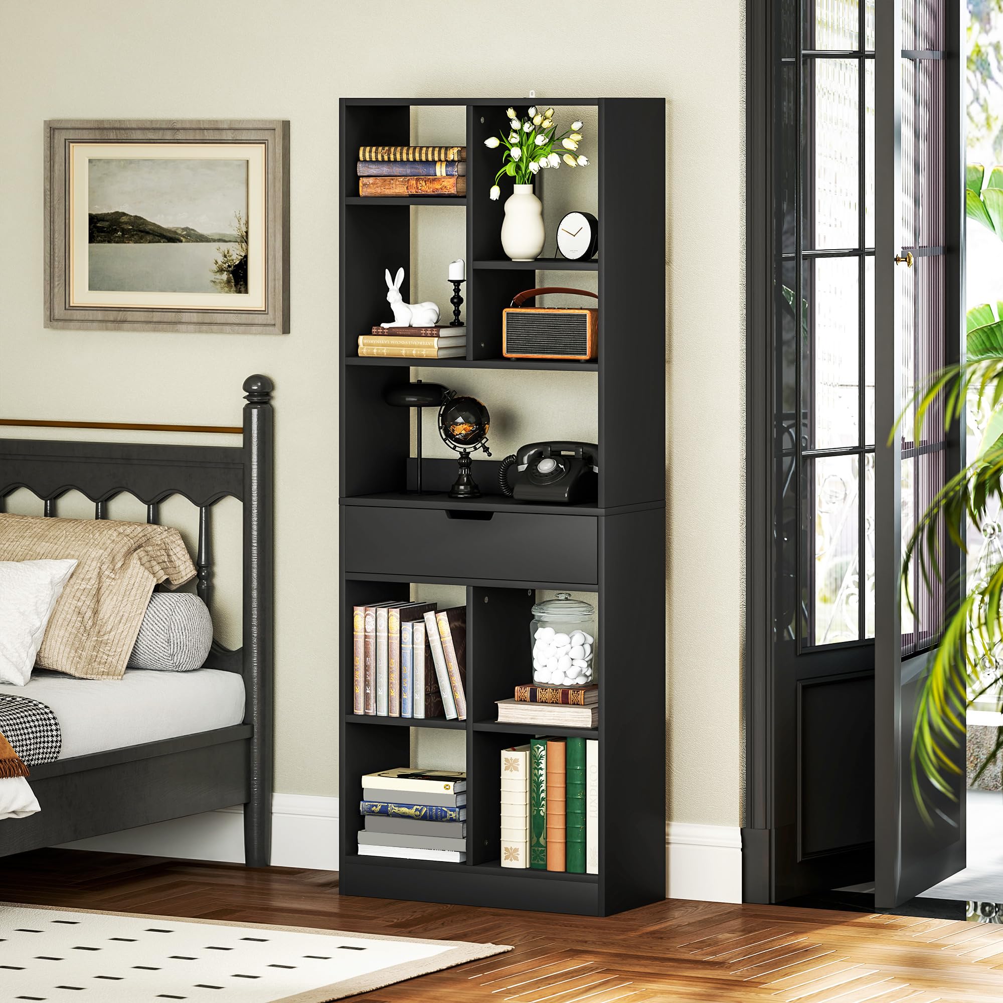 HOMCOM Scaffale Libreria con Cassetto Centrale in Legno 60x26x158 cm Nero | Ripiani Aperti, Libreria Salvaspazio Autoportante, Scaffale Divisorio per Soggiorno, Camera da Letto, Ufficio