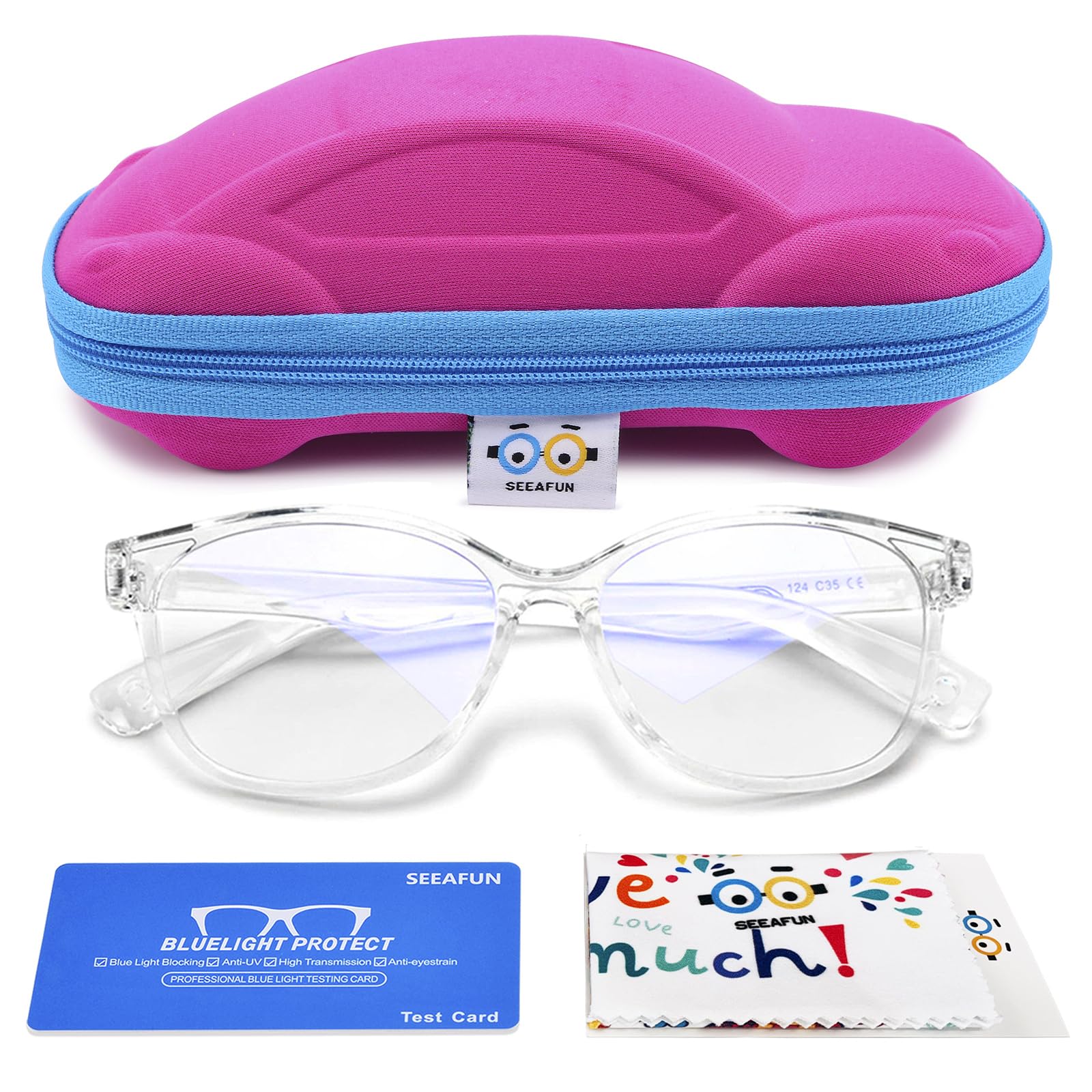 SEEAFUN Blue Light Glasses for Kids Girls Boys with Cute Car Case, UV400 Protection, Anti Blue Ray Age3-12