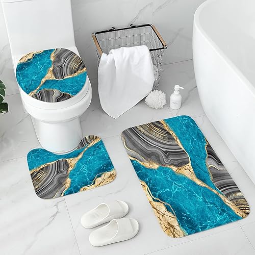 Miniatura 3 de Gibelle Juego de 4 cortinas de ducha de mármol con alfombras antideslizantes, cubierta para tapa de inodoro y tapete de baño, juego de decoración de