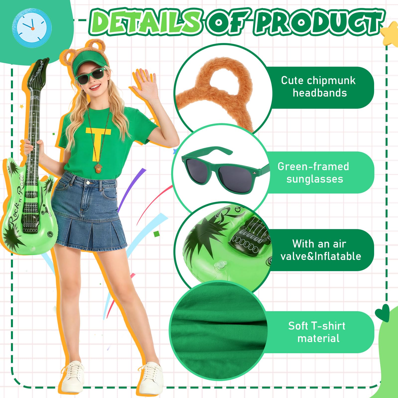 6Pcs Chipmunks Costume Set for Adults Chipmunk Fancy Dress Set including T-Shirt Baseball Cap Chipmunk Ears Headband Glasses Acorn Necklace Inflatable Guitar for World Book Day Halloween - Image 4