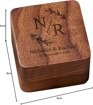 Personalised Wedding Ring Box Holder for 2 Rings With Initials and Leaf